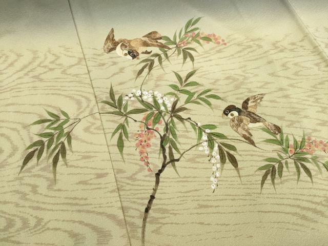 平和屋着物●蓑虫工芸作家　田尾笛秋　訪問着　南天にすずめ　暈し染め　正絹　逸品　AABF8191ck