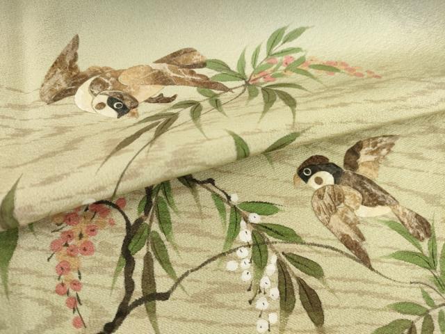 平和屋着物●蓑虫工芸作家　田尾笛秋　訪問着　南天にすずめ　暈し染め　正絹　逸品　AABF8191ck