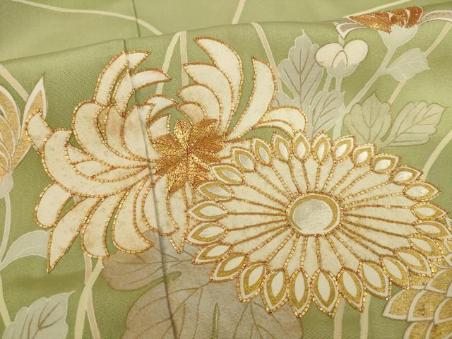 平和屋着物●創業460年・千總　色留袖　駒刺繍　柴垣に花　金彩　正絹　逸品　AABF8195ck