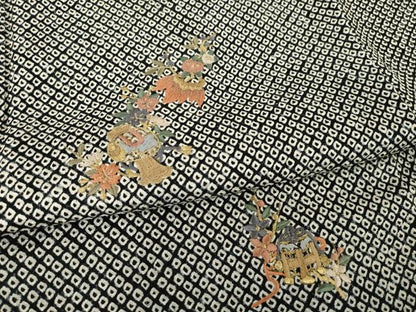 平和屋着物●訪問着　総絞り　刺繍　宝尽くし　黒地　金糸　正絹　逸品　AABF8215ck
