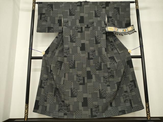 平和屋着物●本塩沢　色紙重ね風景文　黒地　証紙付き　正絹　逸品　AABF8217ck