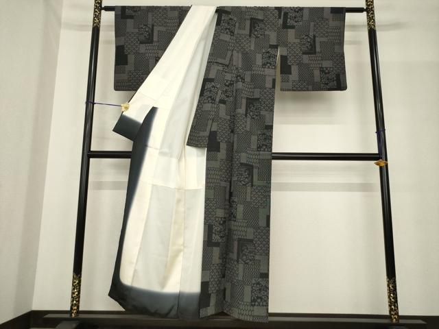平和屋着物●本塩沢　色紙重ね風景文　黒地　証紙付き　正絹　逸品　AABF8217ck