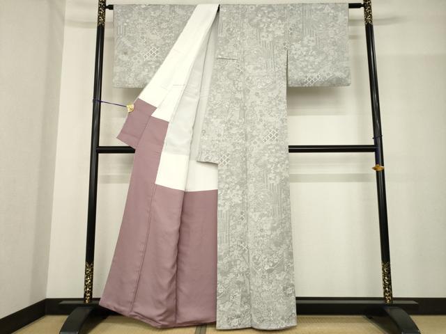 平和屋着物●山岡古都・古都染人 染織美術品 薬墨染 天目織 お召 草花文 正絹 逸品 AABF8219ck