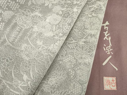 平和屋着物●山岡古都・古都染人 染織美術品 薬墨染 天目織 お召 草花文 正絹 逸品 AABF8219ck