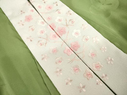 平和屋着物●振袖用長襦袢　無双仕立て　枝梅　ほたる暈し　半衿刺繍　正絹　逸品　AABF8226ck