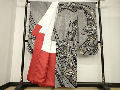 平和屋着物●豪華振袖　総絞り　駒刺繍　吉祥松文　正絹　逸品　AABF8233ck