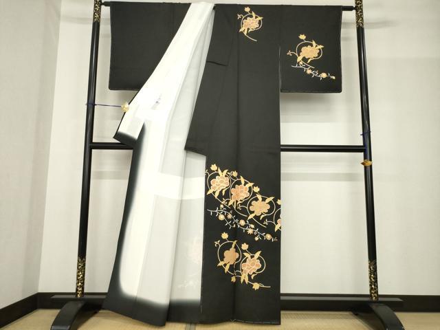平和屋着物●訪問着　駒刺繍　花唐草文　黒地　金彩　大丸扱い　正絹　逸品　AABF8235ck