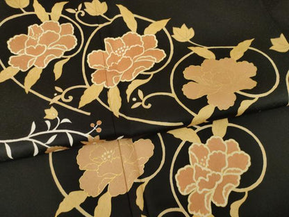 平和屋着物●訪問着　駒刺繍　花唐草文　黒地　金彩　大丸扱い　正絹　逸品　AABF8235ck