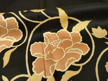 平和屋着物●訪問着　駒刺繍　花唐草文　黒地　金彩　大丸扱い　正絹　逸品　AABF8235ck