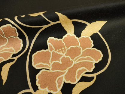 平和屋着物●訪問着　駒刺繍　花唐草文　黒地　金彩　大丸扱い　正絹　逸品　AABF8235ck