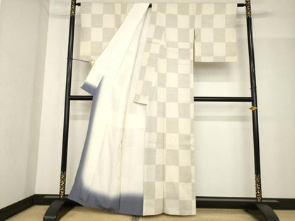 平和屋着物●本塩沢　市松文　正絹　逸品　AABF8240ck