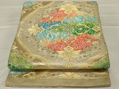 平和屋着物◎六通柄袋帯　洋花文　金銀糸　正絹　逸品　AABF8247ou