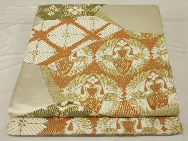 平和屋着物◎六通柄袋帯　唐織　双鶴花文　金糸　正絹　逸品　AABF8250ou