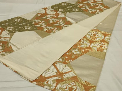 平和屋着物◎六通柄袋帯　唐織　双鶴花文　金糸　正絹　逸品　AABF8250ou