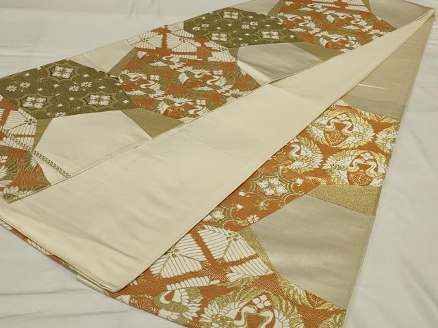 平和屋着物◎六通柄袋帯　唐織　双鶴花文　金糸　正絹　逸品　AABF8250ou