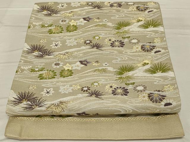 平和屋着物◎六通柄袋帯　流水花文　金糸　正絹　逸品　AABF8256ou