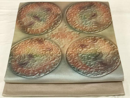 平和屋着物◎太鼓柄袋帯 花鳥丸文 正絹 逸品 AABF8257ou