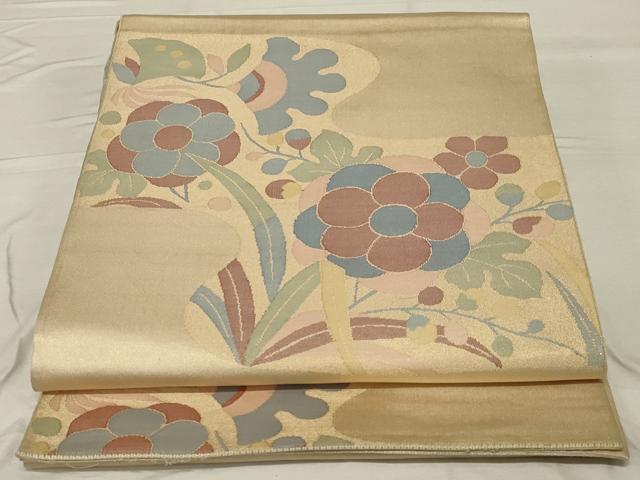 平和屋着物◎六通柄袋帯 流水草花文 金糸 正絹 逸品 AABF8258ou