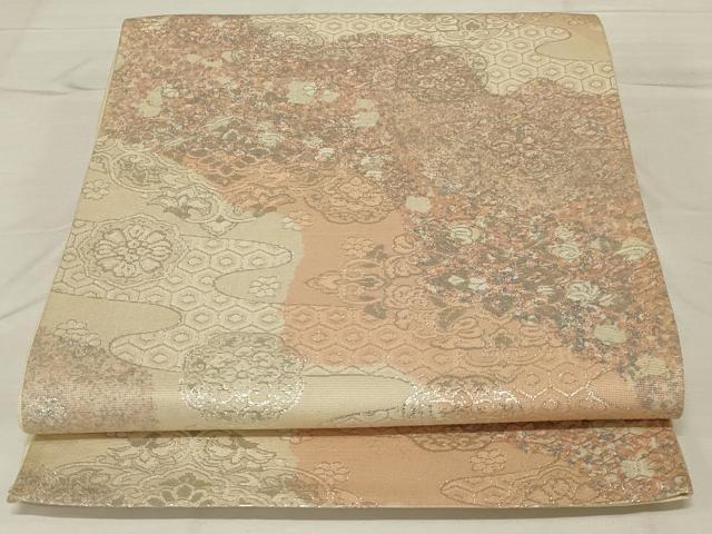 平和屋着物◎六通柄袋帯　霞花文　銀糸　正絹　逸品　AABF8263ou