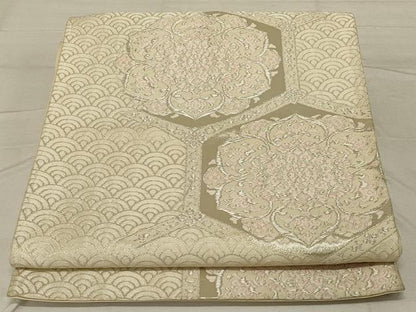 平和屋着物◎六通柄袋帯 唐織 亀甲花文 銀糸 正絹 逸品 AABF8264ou