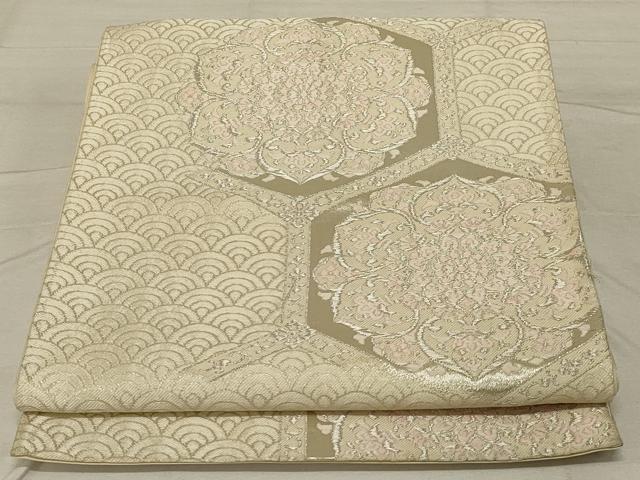 平和屋着物◎六通柄袋帯 唐織 亀甲花文 銀糸 正絹 逸品 AABF8264ou