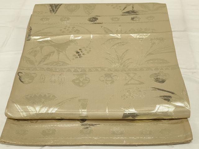 平和屋着物◎六通柄袋帯 横段動物花文 金糸 正絹 逸品 AABF8268ou