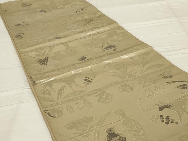 平和屋着物◎六通柄袋帯 横段動物花文 金糸 正絹 逸品 AABF8268ou