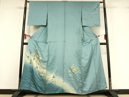 平和屋着物▽訪問着 単衣 刺繍 枝花文 暈し染め 金糸 金彩 正絹 逸品 AABF8285jh