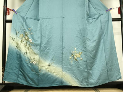 平和屋着物▽訪問着 単衣 刺繍 枝花文 暈し染め 金糸 金彩 正絹 逸品 AABF8285jh