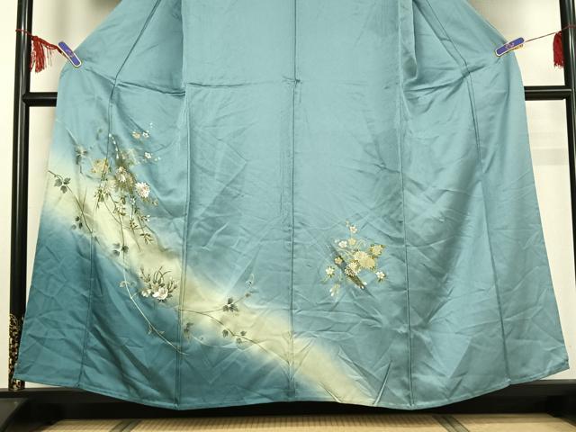 平和屋着物▽訪問着 単衣 刺繍 枝花文 暈し染め 金糸 金彩 正絹 逸品 AABF8285jh
