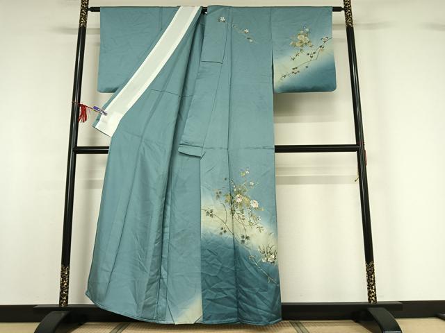 平和屋着物▽訪問着 単衣 刺繍 枝花文 暈し染め 金糸 金彩 正絹 逸品 AABF8285jh