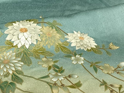 平和屋着物▽訪問着 単衣 刺繍 枝花文 暈し染め 金糸 金彩 正絹 逸品 AABF8285jh
