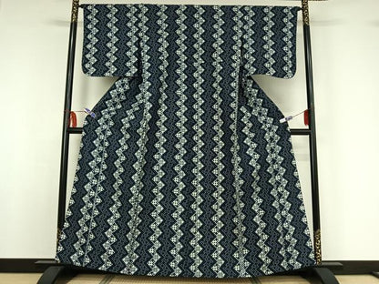平和屋着物▽上質な紬　単衣　幾何学文様　正絹　逸品　AABF8286jh
