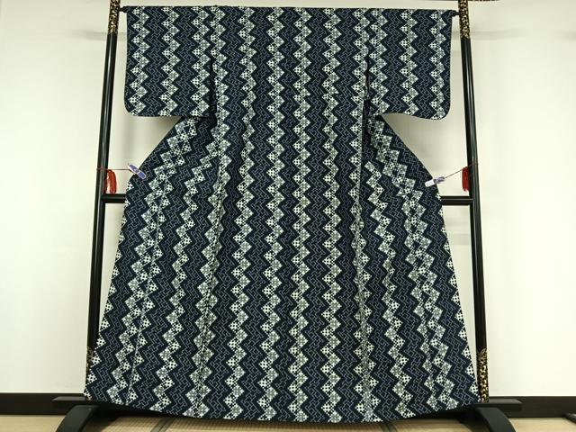 平和屋着物▽上質な紬　単衣　幾何学文様　正絹　逸品　AABF8286jh