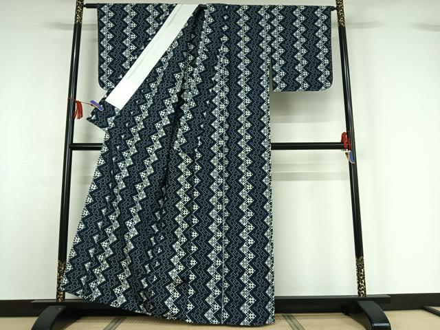 平和屋着物▽上質な紬　単衣　幾何学文様　正絹　逸品　AABF8286jh