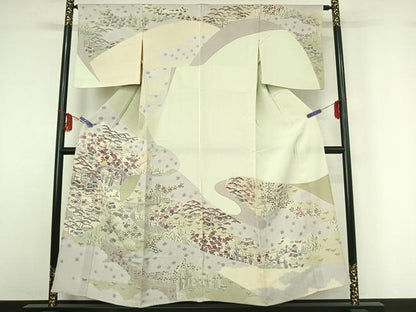 平和屋着物▽創業460年・千總　訪問着　単衣　駒刺繍　風景花文　金彩　正絹　逸品　AABF8301jh