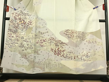 平和屋着物▽創業460年・千總　訪問着　単衣　駒刺繍　風景花文　金彩　正絹　逸品　AABF8301jh