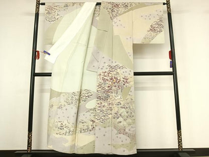 平和屋着物▽創業460年・千總　訪問着　単衣　駒刺繍　風景花文　金彩　正絹　逸品　AABF8301jh