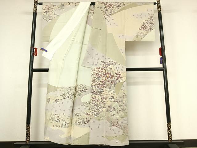 平和屋着物▽創業460年・千總　訪問着　単衣　駒刺繍　風景花文　金彩　正絹　逸品　AABF8301jh