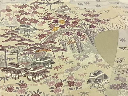 平和屋着物▽創業460年・千總　訪問着　単衣　駒刺繍　風景花文　金彩　正絹　逸品　AABF8301jh