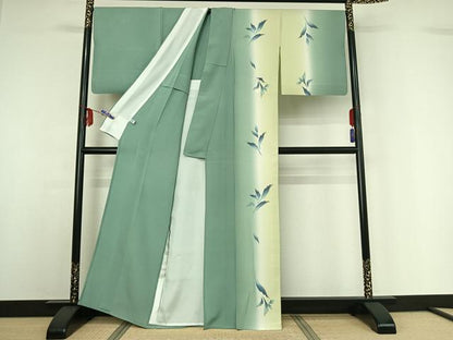 平和屋着物▽訪問着 単衣 草葉文 暈し染め 金彩 正絹 逸品 AABF8302jh