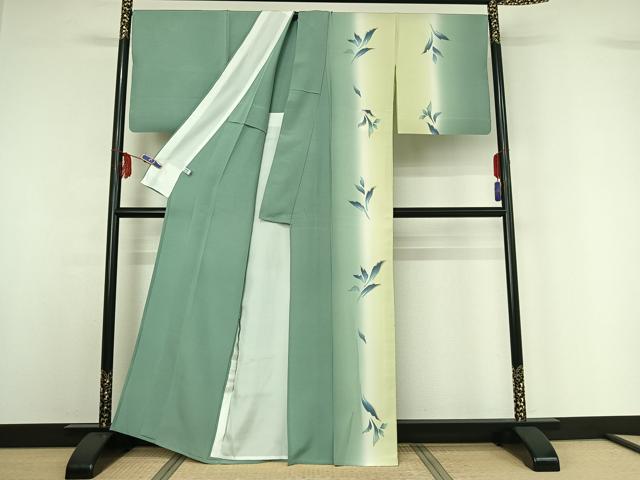 平和屋着物▽訪問着 単衣 草葉文 暈し染め 金彩 正絹 逸品 AABF8302jh