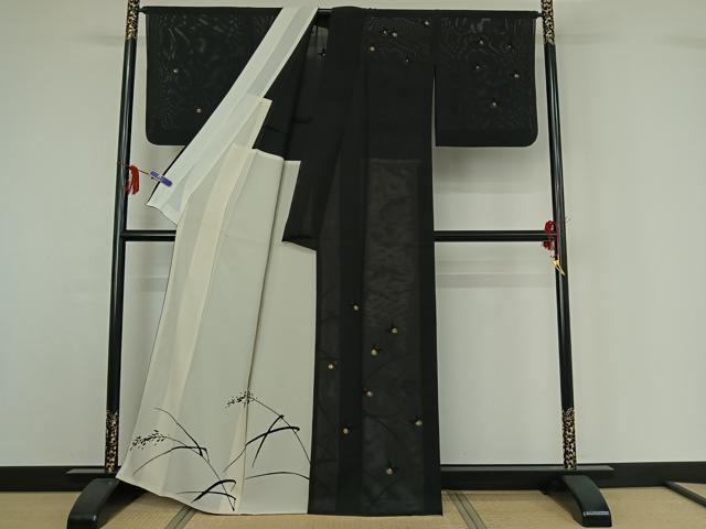 平和屋着物▽訪問着 無双 絽袷 絽×絽 刺繍 蛍 黒地 金糸 金彩 正絹 逸品 AABF8308jh