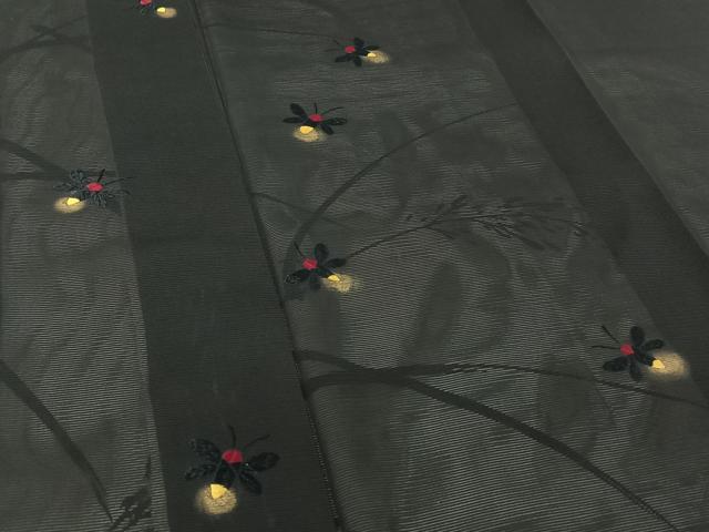 平和屋着物▽訪問着 無双 絽袷 絽×絽 刺繍 蛍 黒地 金糸 金彩 正絹 逸品 AABF8308jh