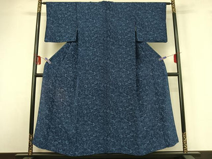 平和屋着物▽上質な小紋 単衣 藍 型染め 草花文 鬼しぼ縮緬 正絹 逸品 AABF8309jh