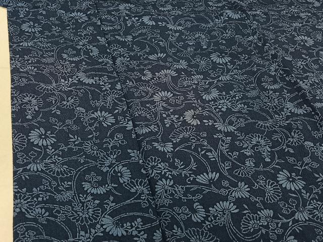 平和屋着物▽上質な小紋 単衣 藍 型染め 草花文 鬼しぼ縮緬 正絹 逸品 AABF8309jh