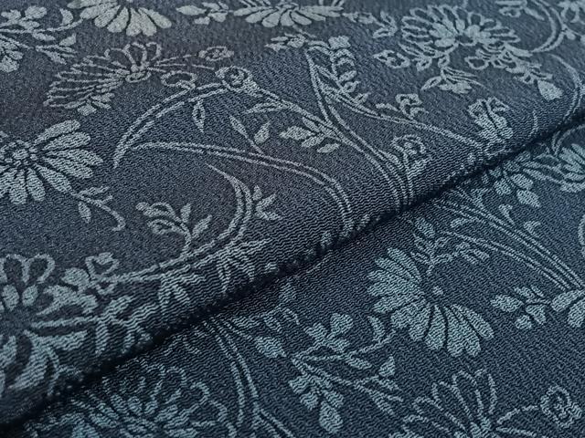 平和屋着物▽上質な小紋 単衣 藍 型染め 草花文 鬼しぼ縮緬 正絹 逸品 AABF8309jh