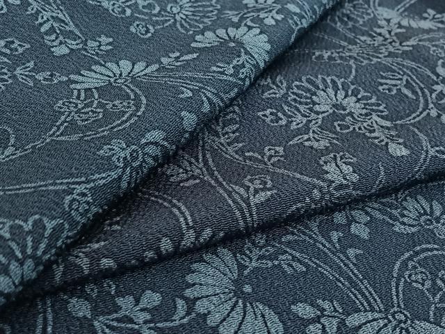 平和屋着物▽上質な小紋 単衣 藍 型染め 草花文 鬼しぼ縮緬 正絹 逸品 AABF8309jh