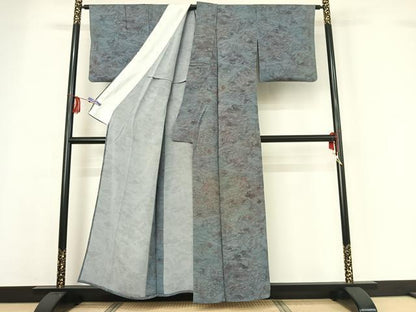 平和屋着物▽人間国宝・南部芳松の息子 伝統工芸伝承者彫刻・南部幸雄 型染 小紋 単衣 流水風景花文 正絹 逸品 AABF8312jh