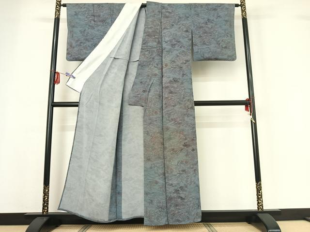 平和屋着物▽人間国宝・南部芳松の息子 伝統工芸伝承者彫刻・南部幸雄 型染 小紋 単衣 流水風景花文 正絹 逸品 AABF8312jh